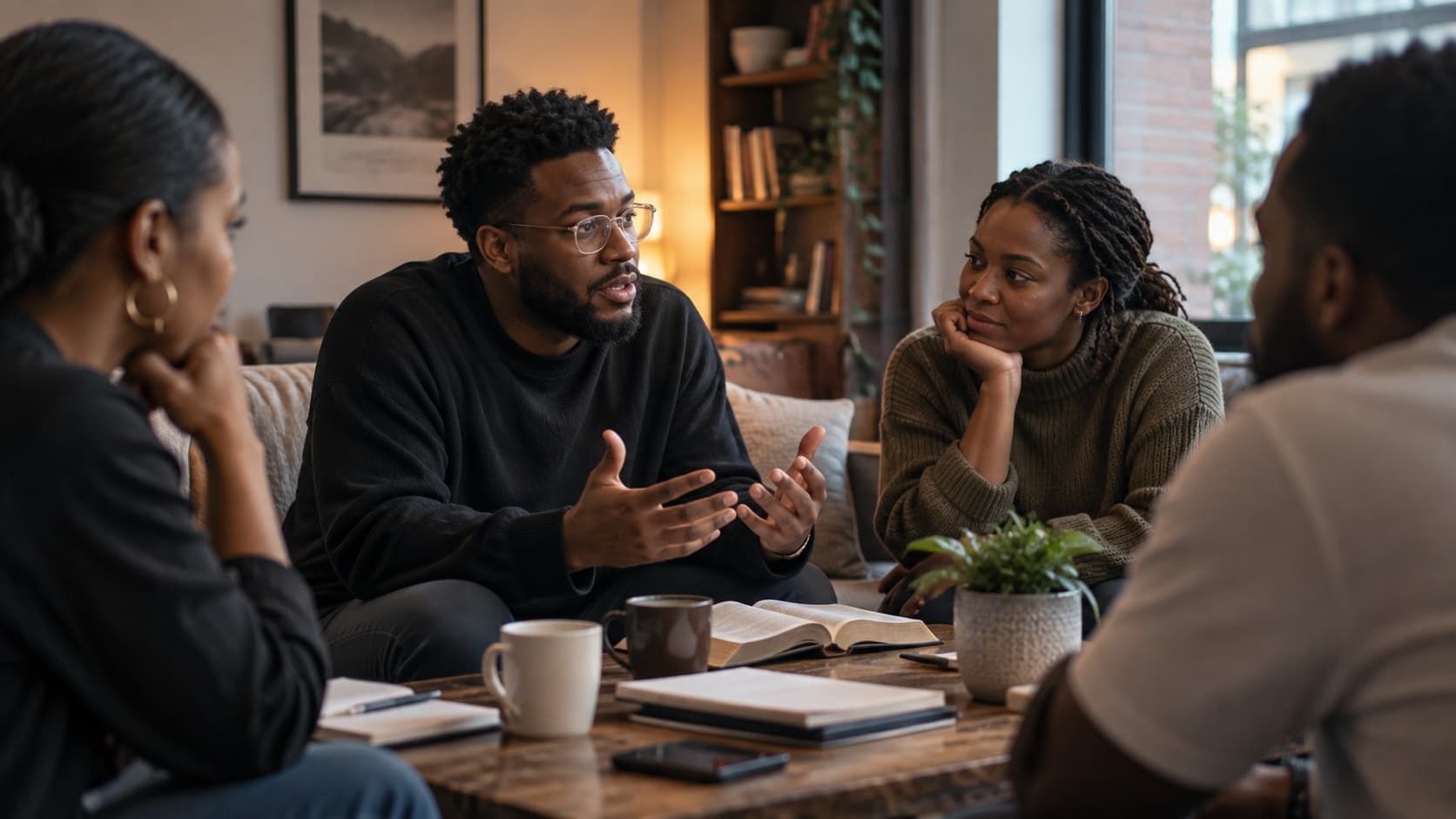 Two adults in thoughtful conversation around a table