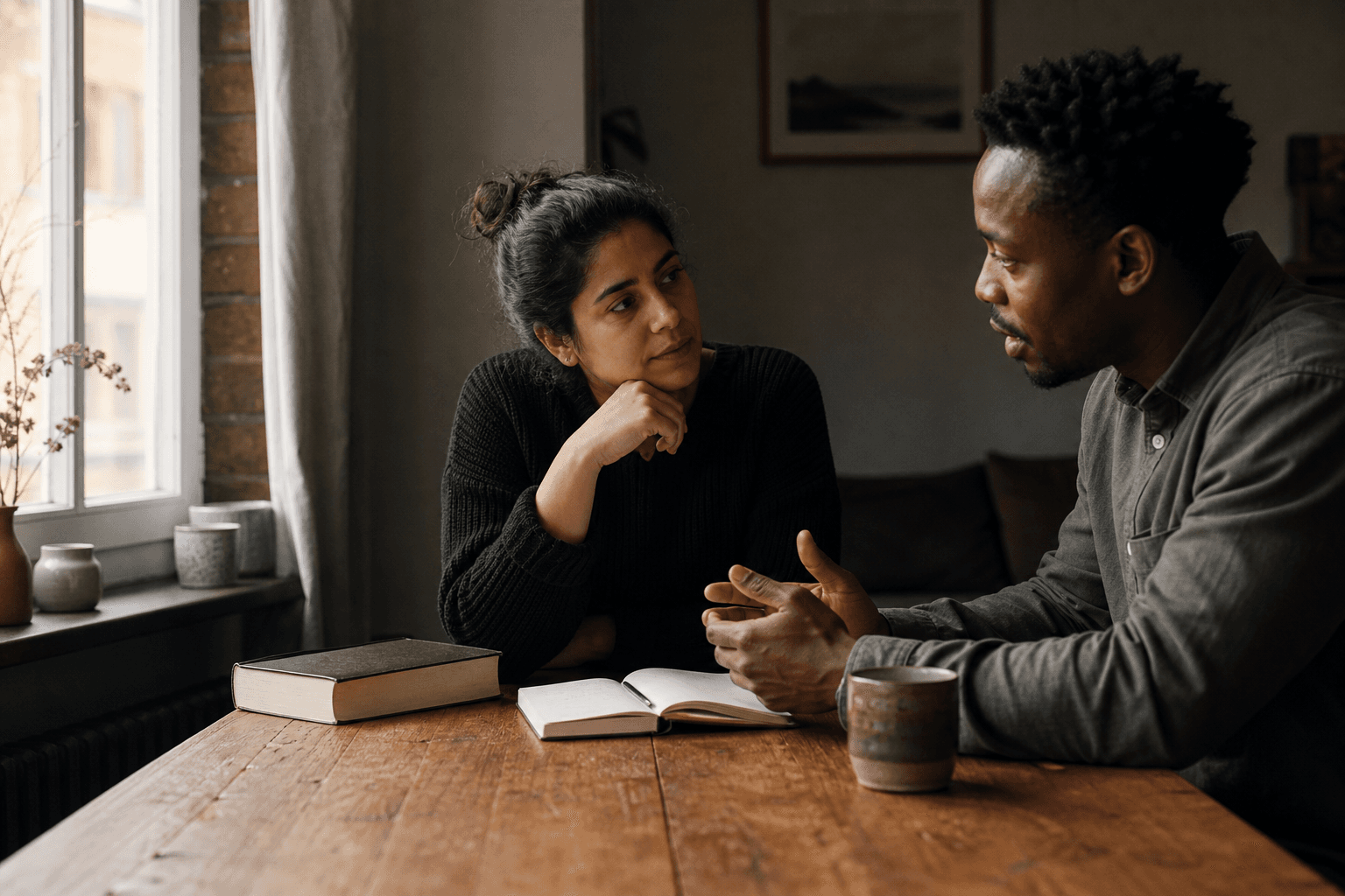 Two adults in thoughtful conversation around a table
