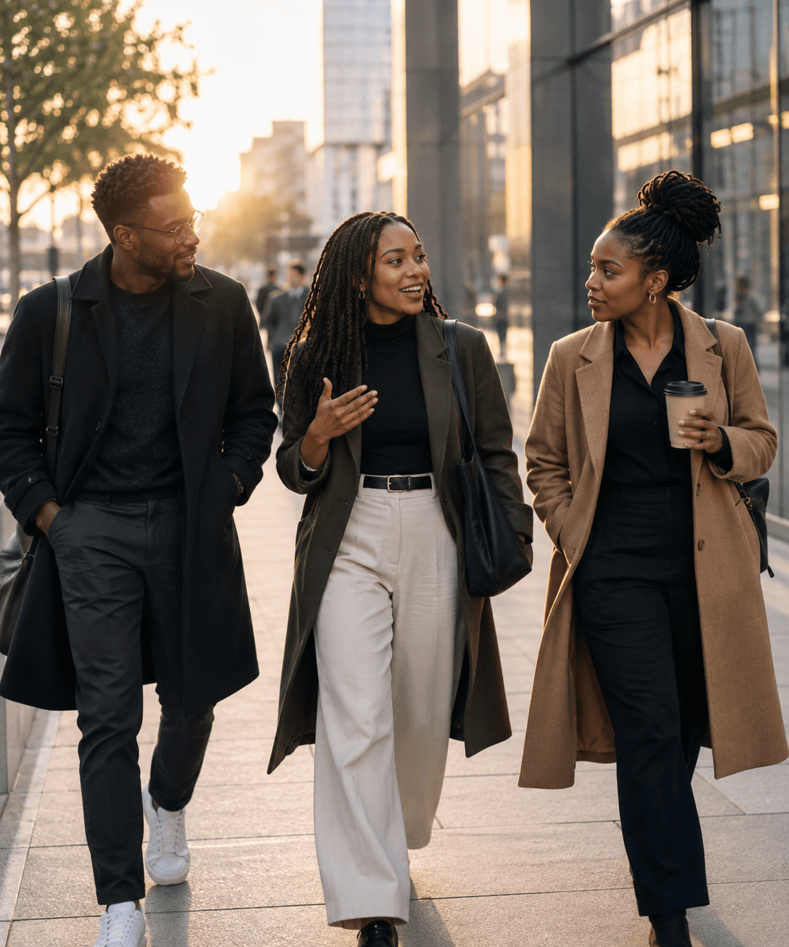 Two people in conversation while walking through the city